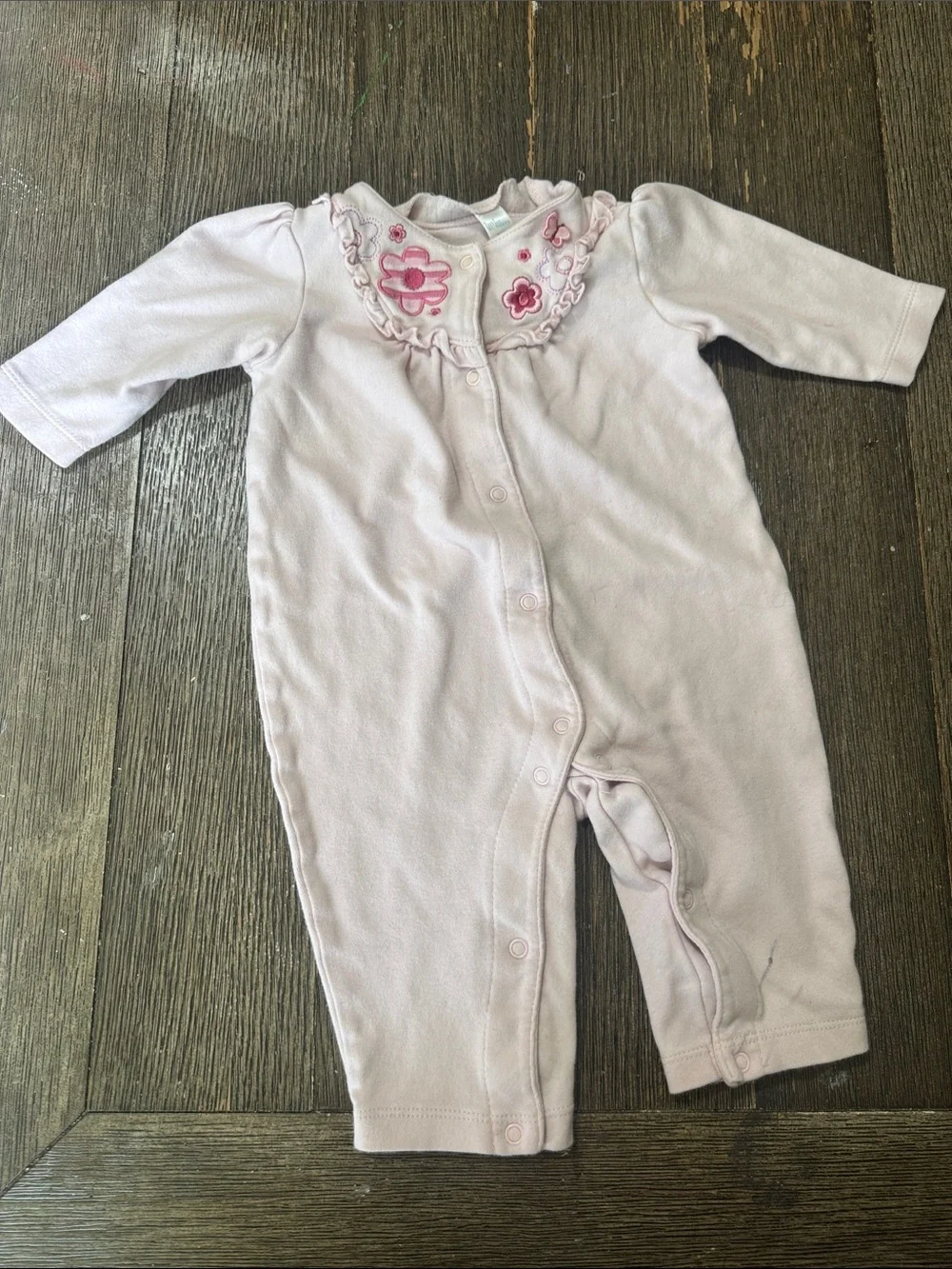 Little Wonders Pink Floral Embroidered Romper 6-9M | Ruffle Snap-Up One Piece